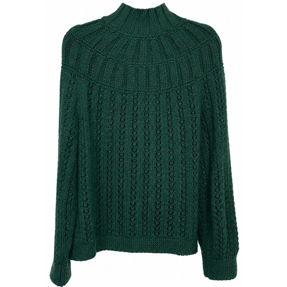 Talbots Women’s L Green Open Knit Full Zip Cardigan Sweater Textured Mock Neck
